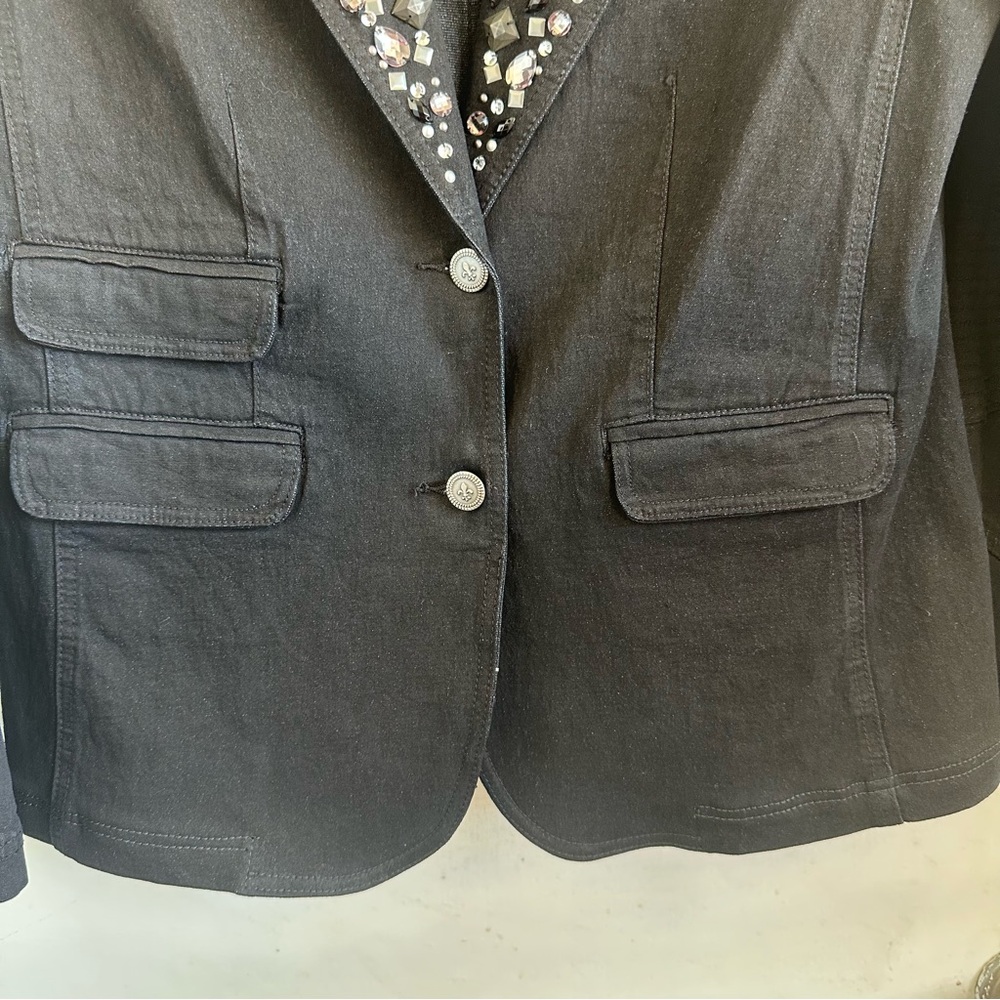 Diane Gilman Black Denim Blazer with Embellished Lapel  Sz Large - Picture 3 of 9